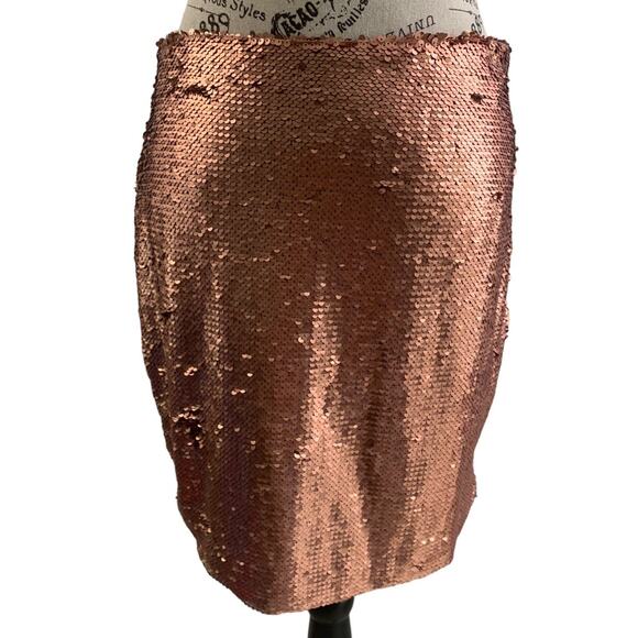 Y2K Futuristic Sequin Bodycon Mini Skirt Women's Size 6 Rose Gold Side Zip NEW - Picture 2 of 7